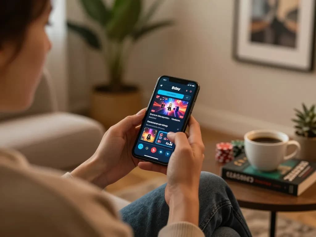 Player engaging with 8day casino app on smartphone during cozy gaming session.