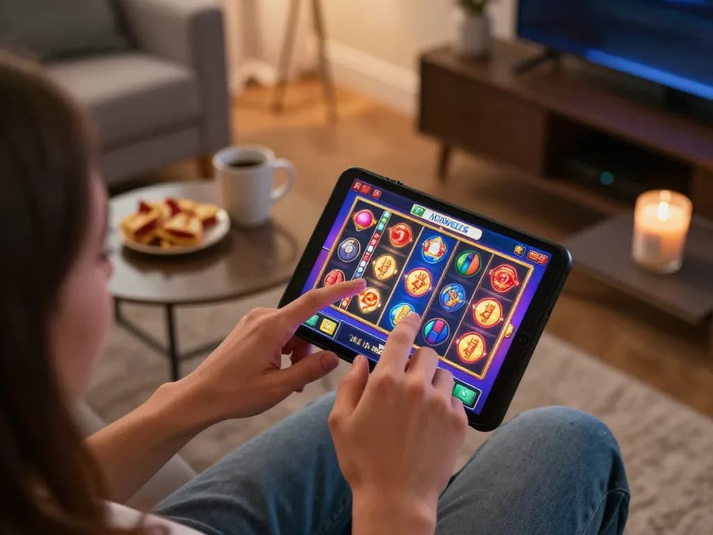Engaging in mobile casino action at home, playing slots on smartphone for 78wim with vibrant animations