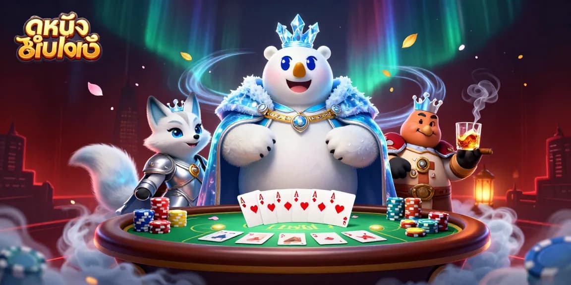 Experience ดูหนังออนไลน์ with an engaging illustration featuring a royal polar bear and his snow fox companion at a vibrant poker table.