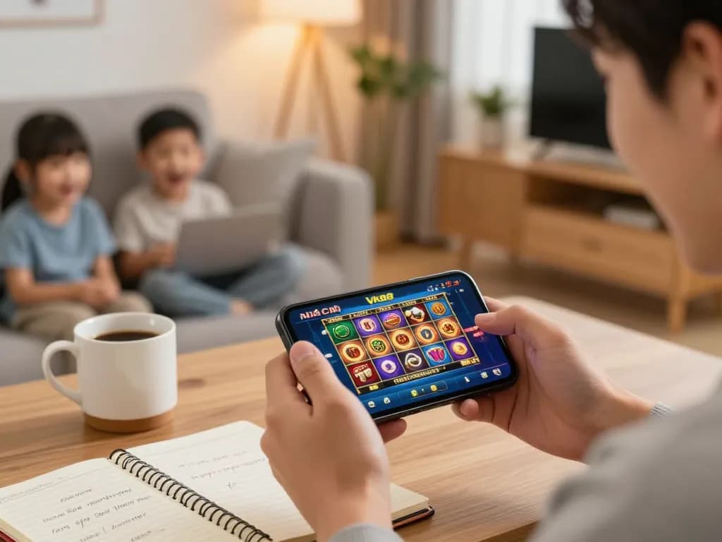 Player enjoying slots on Nhà cái Vk88 app in a cozy living room setting.