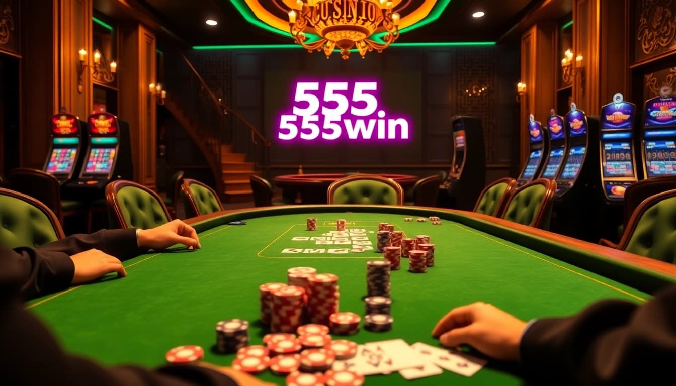 An exciting poker game scene featuring 555win com, highlighting luxurious casino elements and vibrant gameplay.