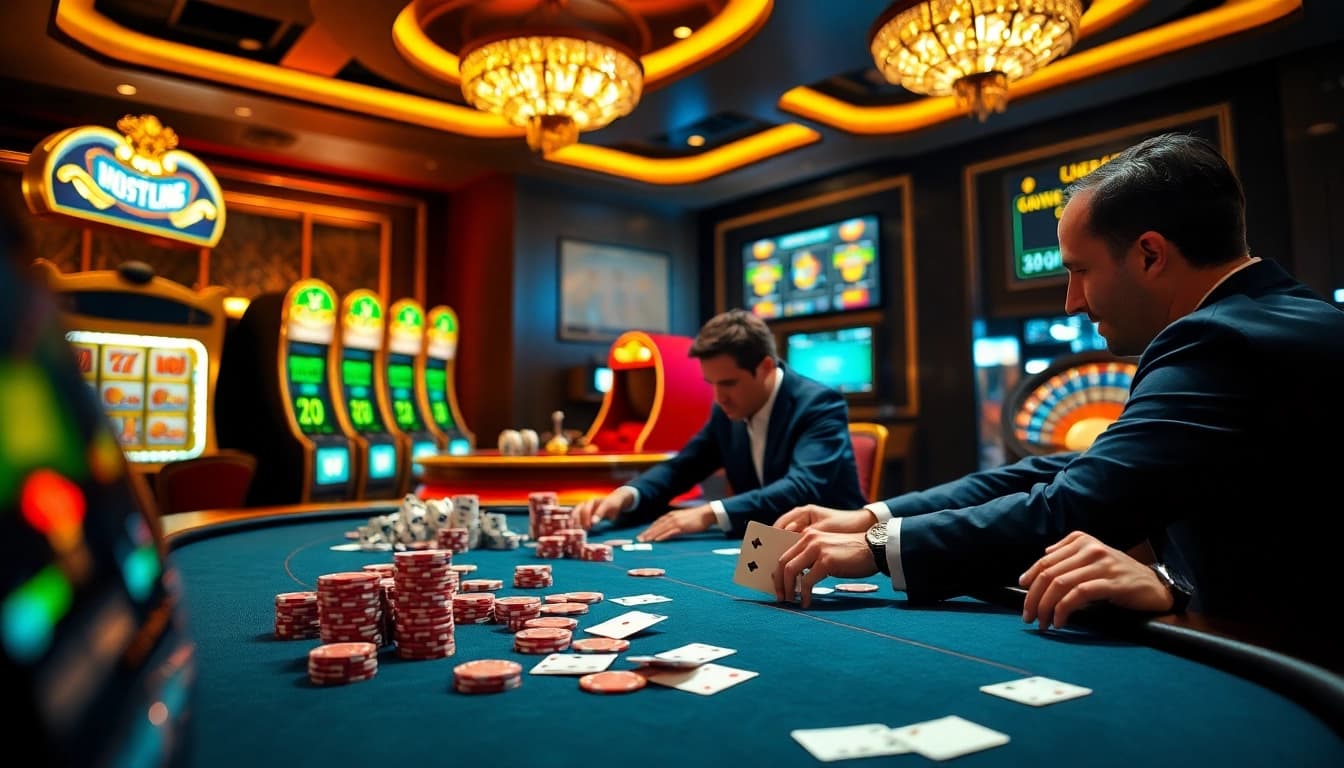 i9bet players competing at a high-stakes poker table surrounded by vibrant casino elements.