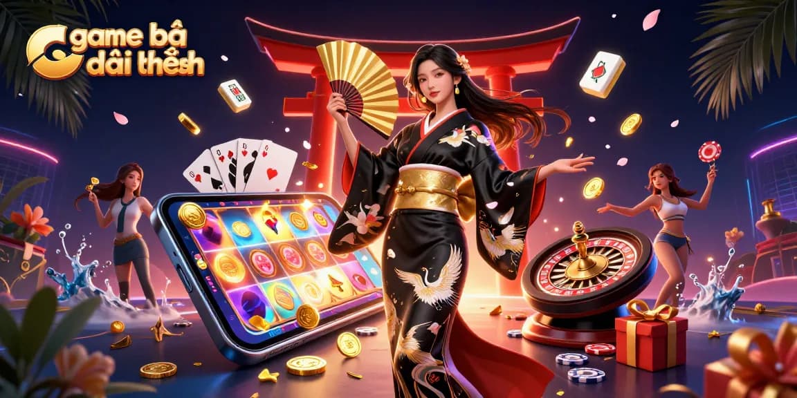 Experience thrilling game bài đổi thưởng with an elegant Asian woman surrounded by vibrant casino elements.