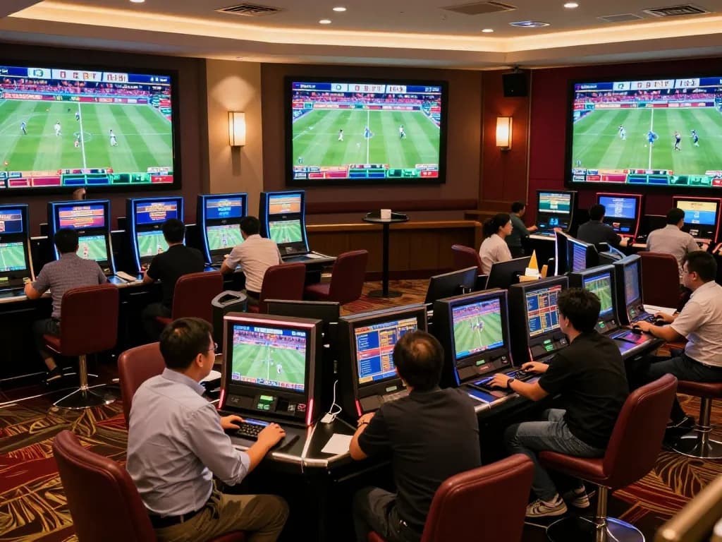 Excited bettors engaging in sports betting at keonhacaii88's upscale lounge.