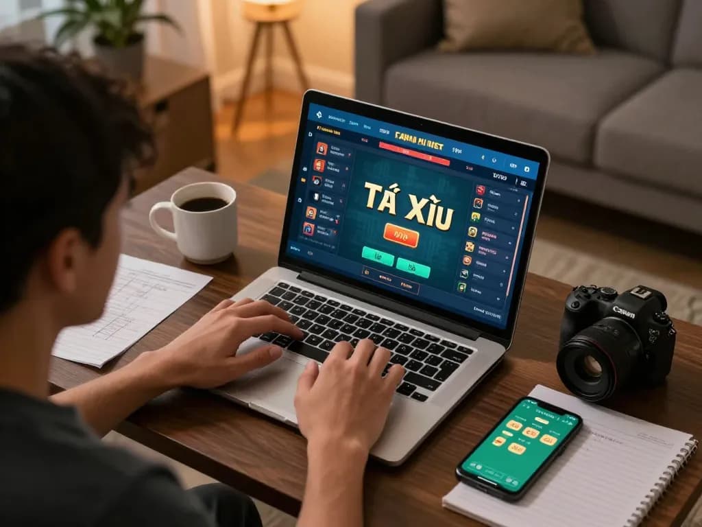 Engaging in a Tài Xỉu online session at home, showcasing the laptop screen and atmosphere.