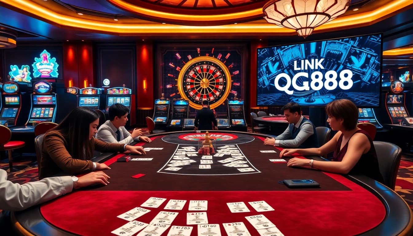 Engaging gambling scene showcasing Link mới nhất QQ88 with poker table and slot machines.