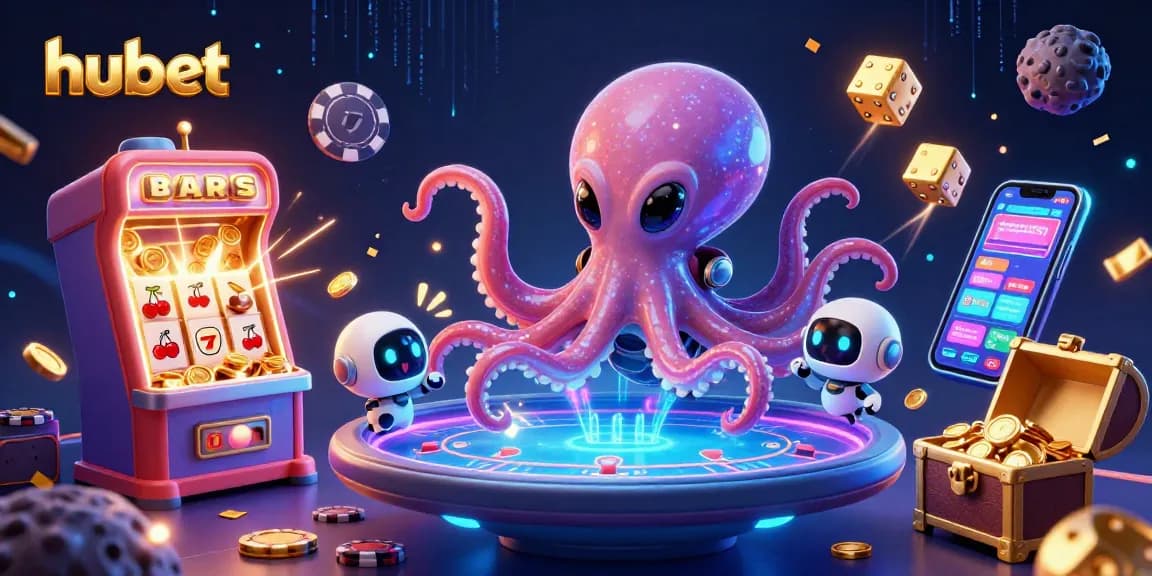 Experience thrilling games at hubet with a cartoon alien octopus at a holographic poker table amidst jackpot excitement.