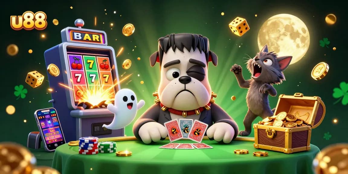 Engage with u88's thrilling casino world through a vibrant illustrated scene of a spirited gaming experience.