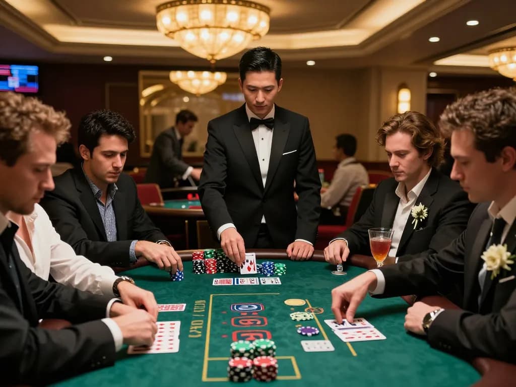 Engage in a thrilling blackjack game at ve88 casino, showcasing intense player expressions and vibrant casino atmosphere.