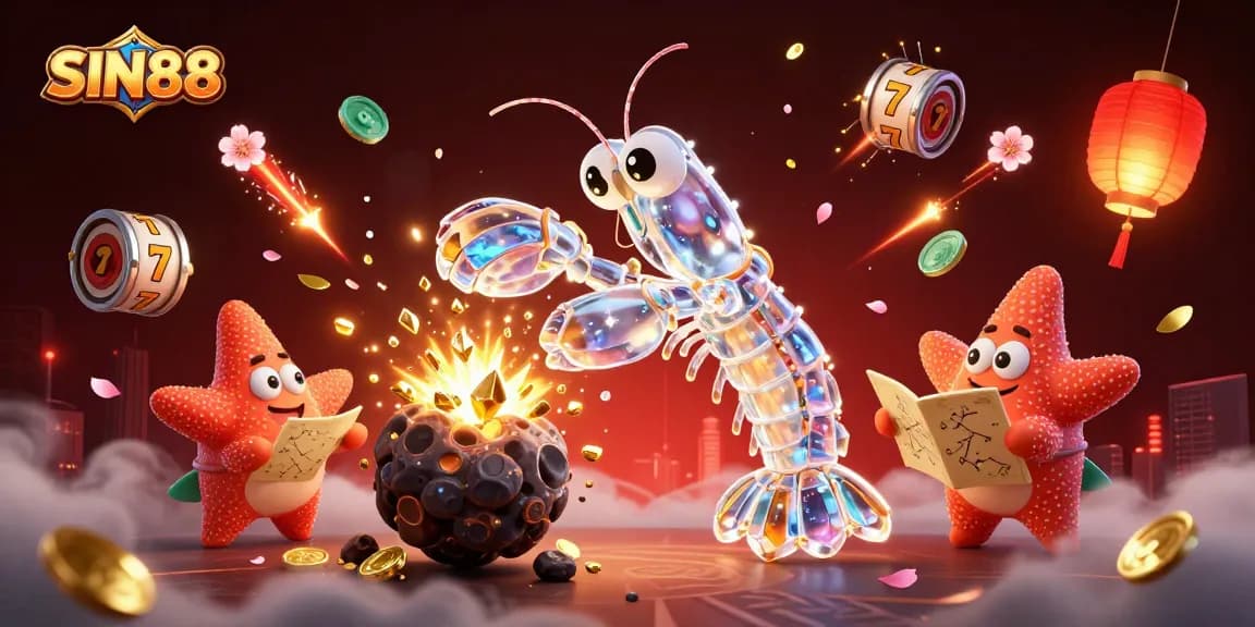 SIN88 reveals a vibrant 3D illustration showcasing a galactic mantis shrimp in action amidst spinning slot reels.