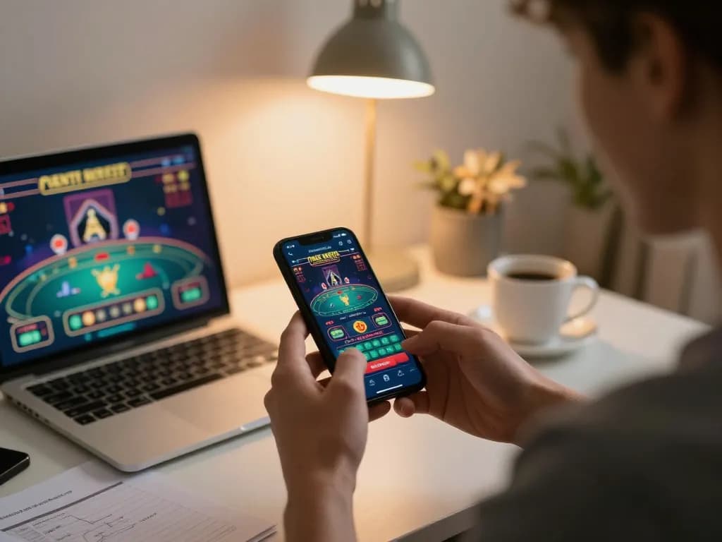 Engaging smartphone casino gameplay experience with 33WIN app interface in warm home setting