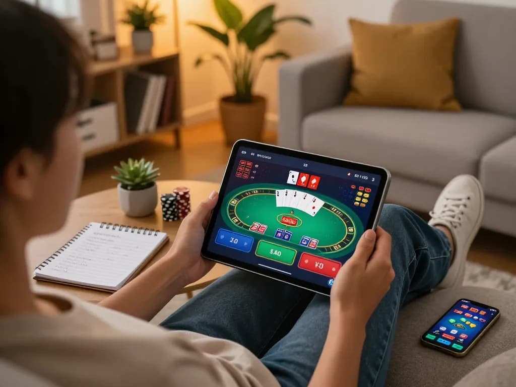 Player enjoying nohu90 online casino on tablet, engaged in a strategic poker game.