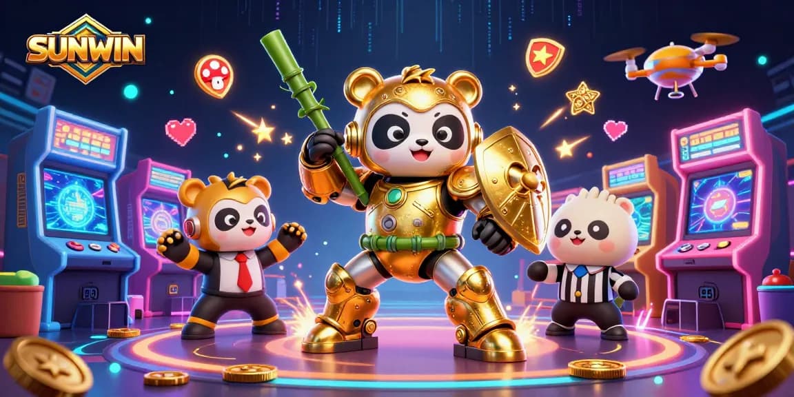SUNWIN offers immersive gaming excitement with its top-tier mech-suit panda in a vibrant casino arena.