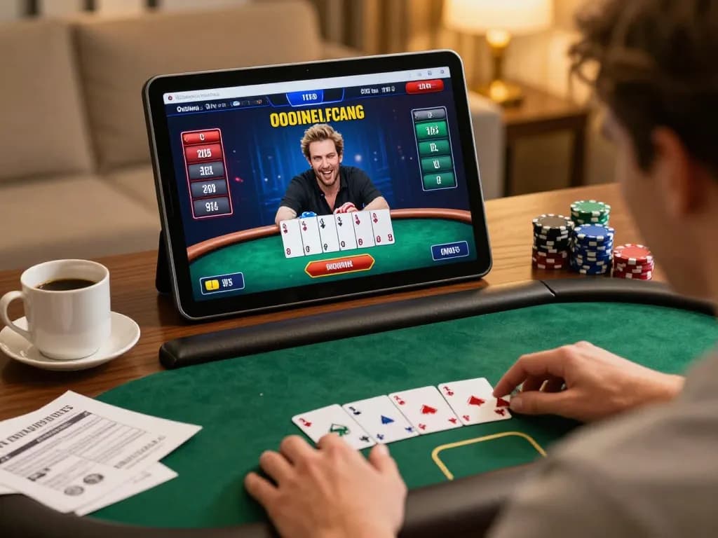 Engaging home gaming scene with GEM88 poker app on display, showcasing strategic play.