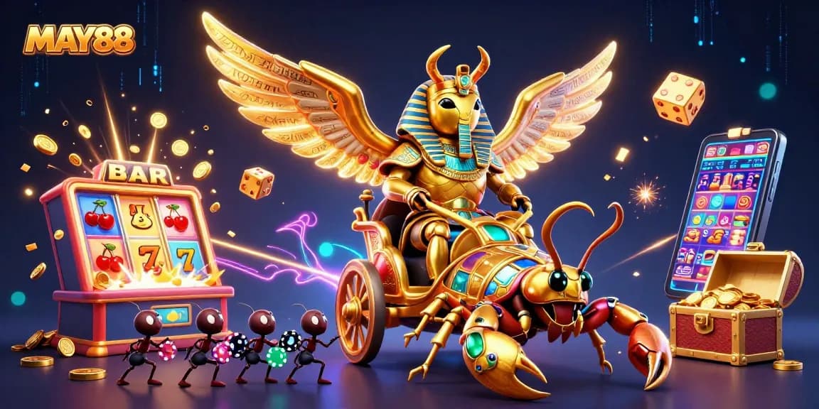 Experience thrilling jackpots with MAY88's captivating 3D casino scene filled with excitement and action.