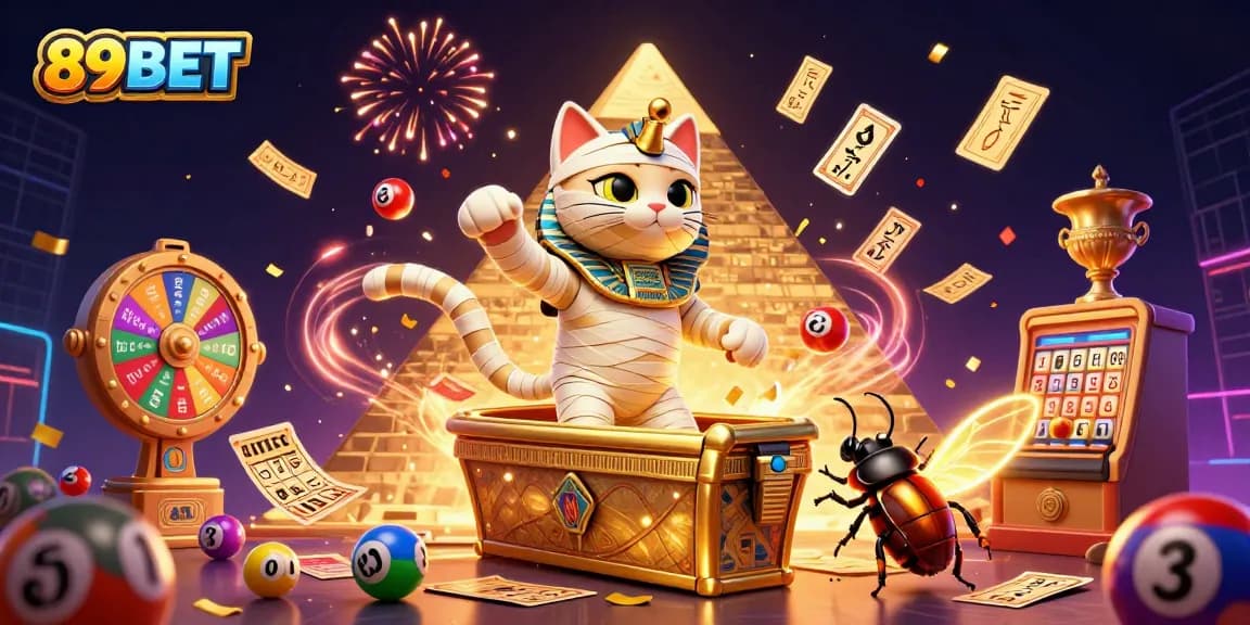 Play thrilling games at 89BET, featuring an Egyptian mummy cat and a winning atmosphere bursting with excitement.