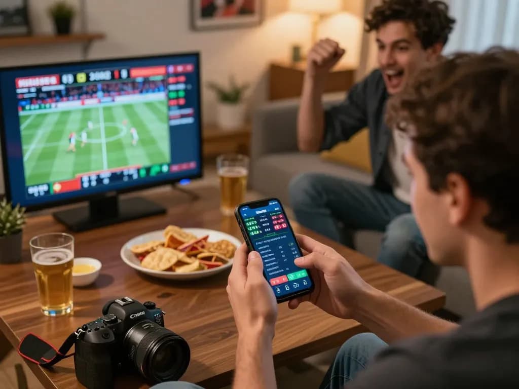 Socolive sports betting excitement with a person using a smartphone in a cozy home setting