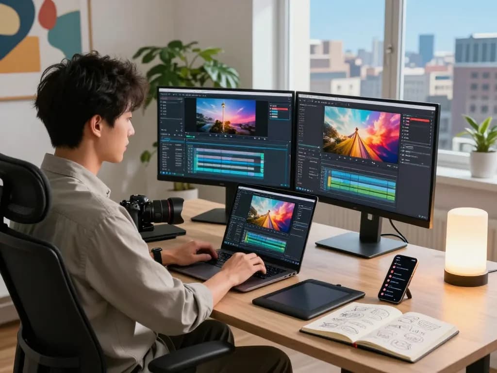 Explore the innovative ai seedance 2.0 in a modern creative workspace, showcasing video editing tools and vibrant graphics.