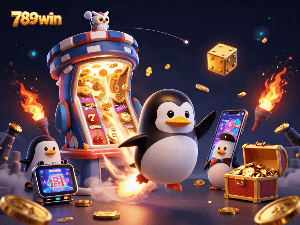 Experience thrilling 789win adventures with a golden penguin in a vibrant casino universe.