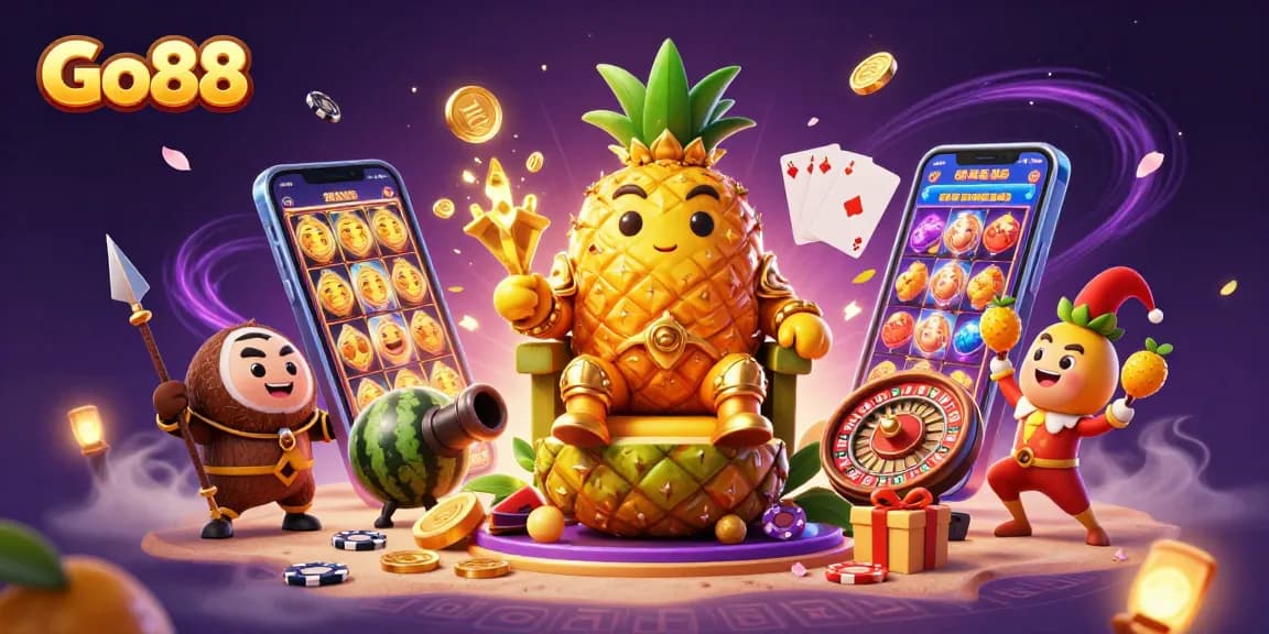 Go88 showcases a vibrant casino scene with a golden pineapple king and fun game elements.