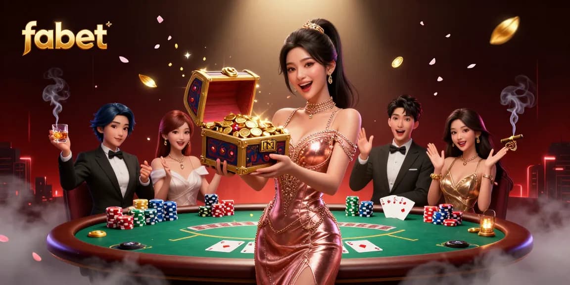 Experience the excitement of fabet with an Asian woman showcasing a treasure chest of coins in this dynamic casino scene.