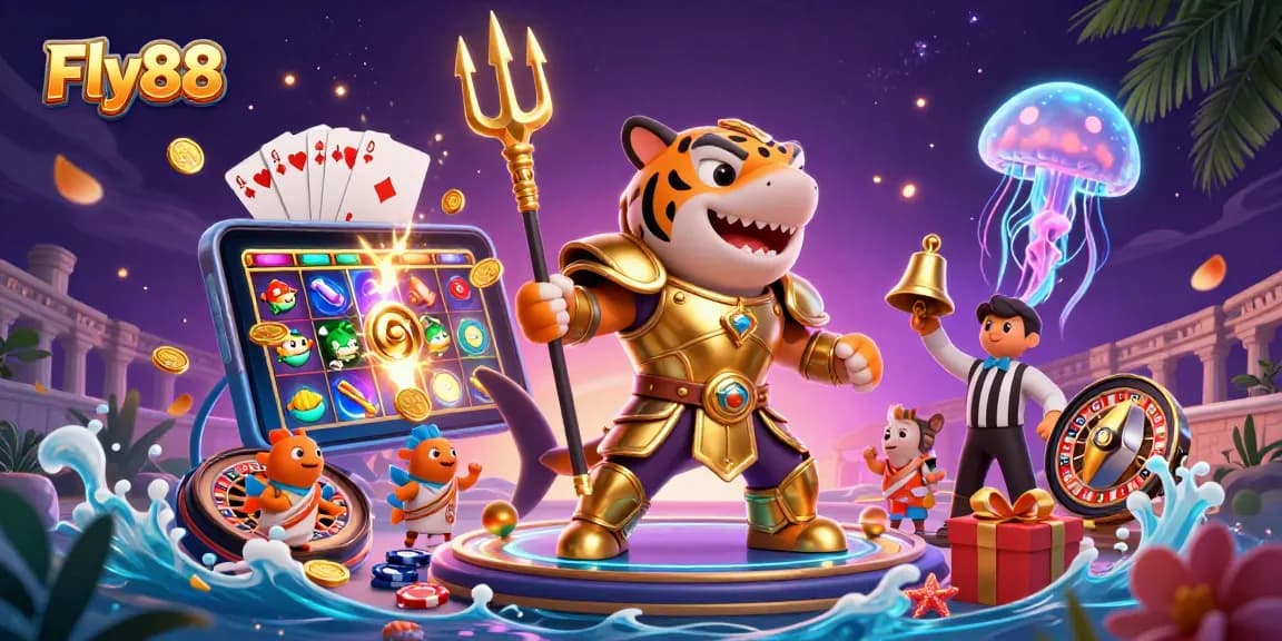 Experience thrilling gaming at Fly88 with a fierce tiger shark, vibrant slot games, and dynamic casino action.