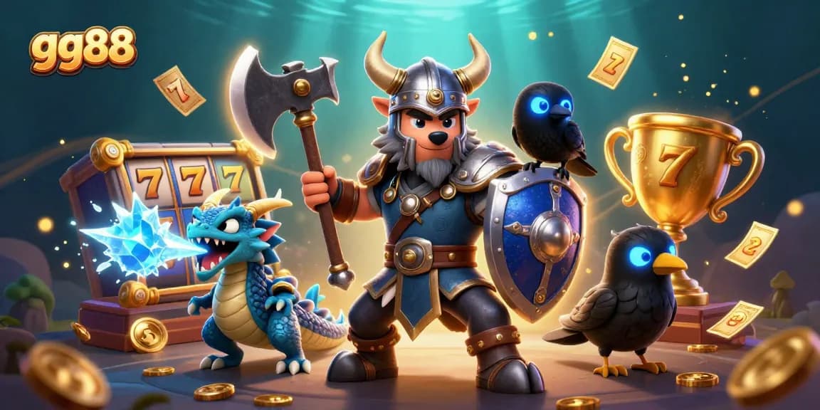 Engage the excitement of gg88 with a dynamic 3D casino illustration featuring a Viking wolf warrior and a dragon amidst slot gaming elements.