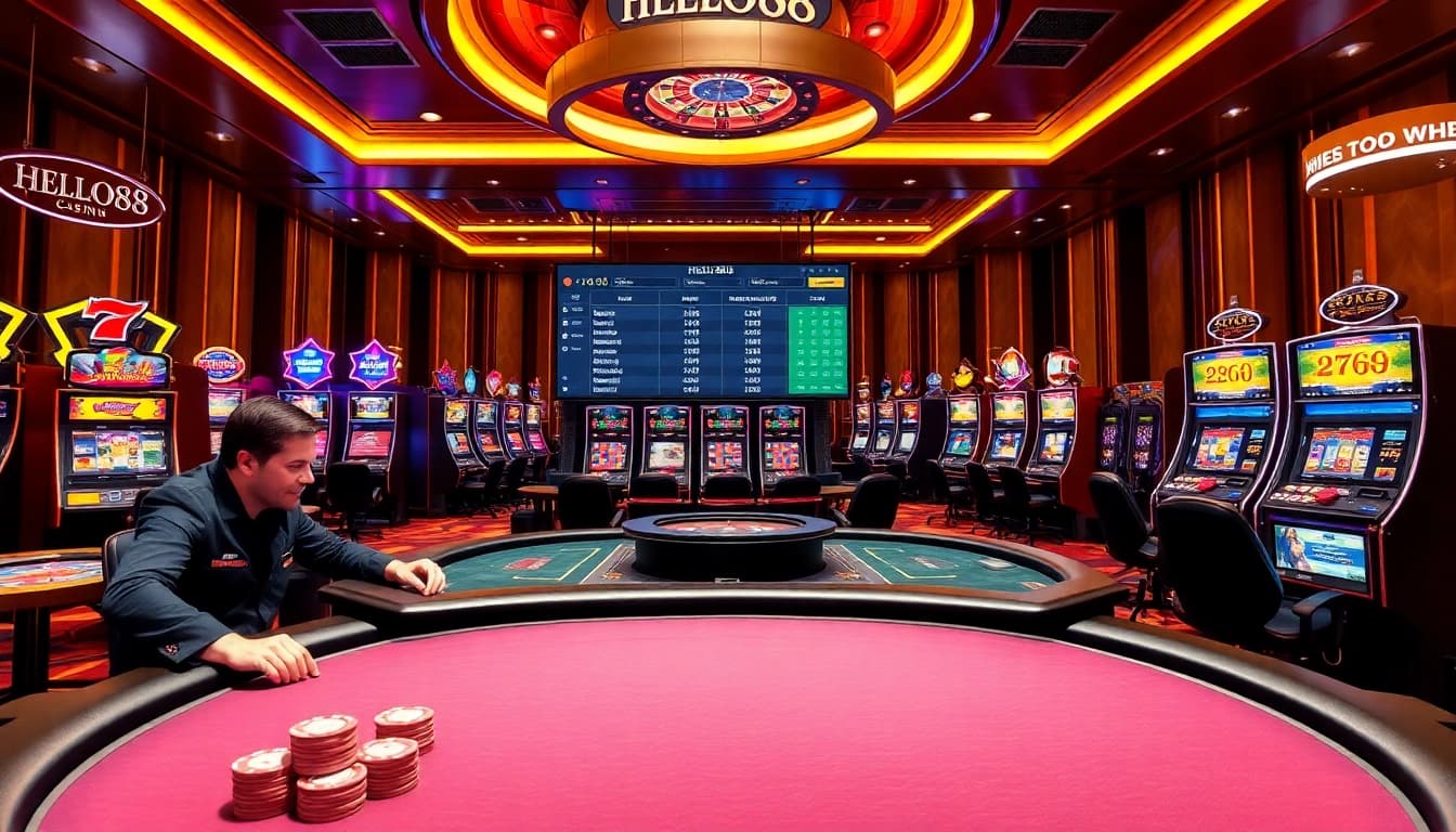 Experience the excitement of HELLO88 with a vibrant online casino scene featuring poker chips and slot machines.