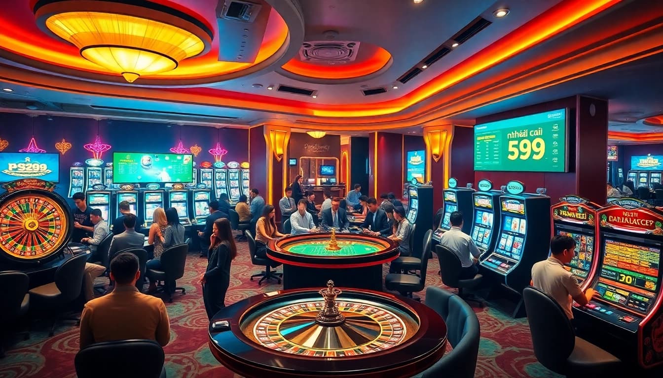 Engaging scene of enthusiastic players at nhà cái PS99 casino with vibrant gambling elements