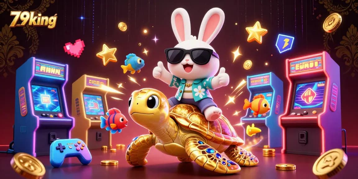 Experience gaming excitement at 79king with a vibrant 3D illustration of a lucky rabbit and golden sea turtle.