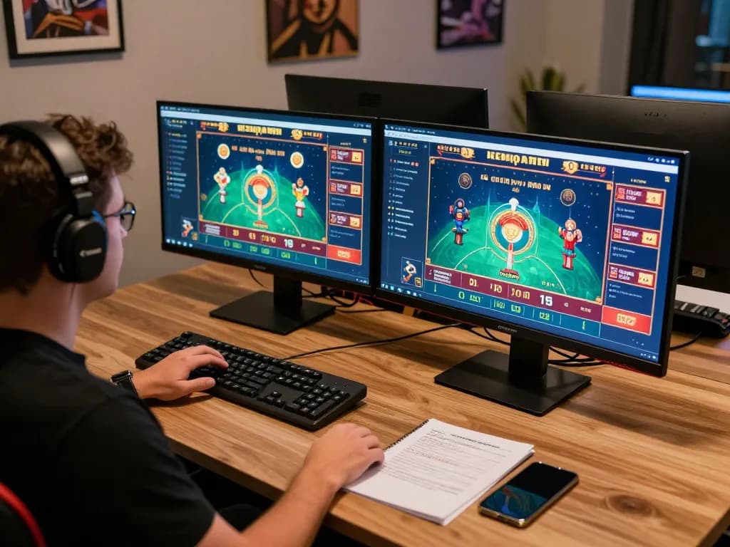 Fabet player analyzing strategies at modern gaming setup with dual screens.