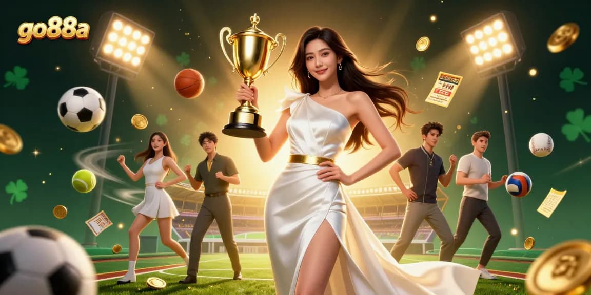Experience triumph in sports betting with go88a, featuring a confident woman holding a trophy amidst dynamic game elements.