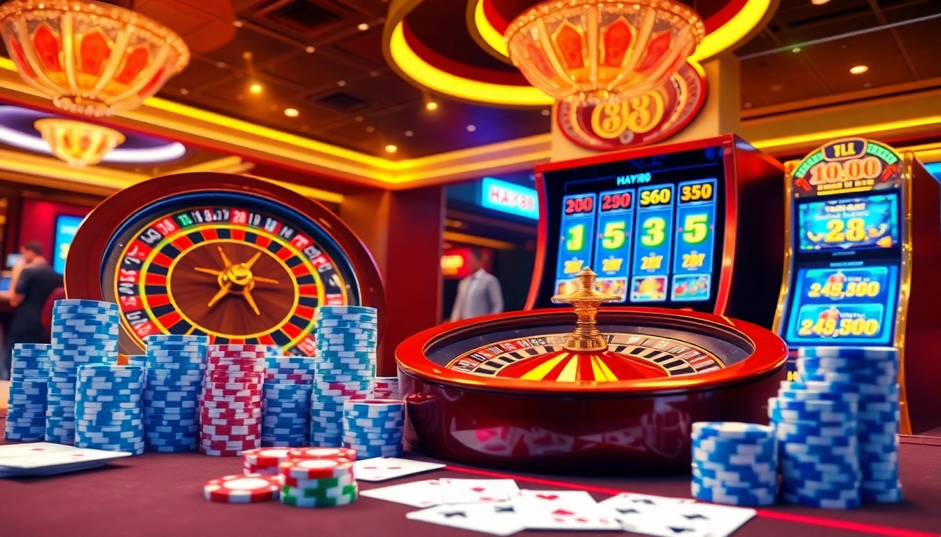 Experience thrilling gambling action at HAY88 with a luxurious virtual casino scene featuring roulette, poker chips, and slot machines.