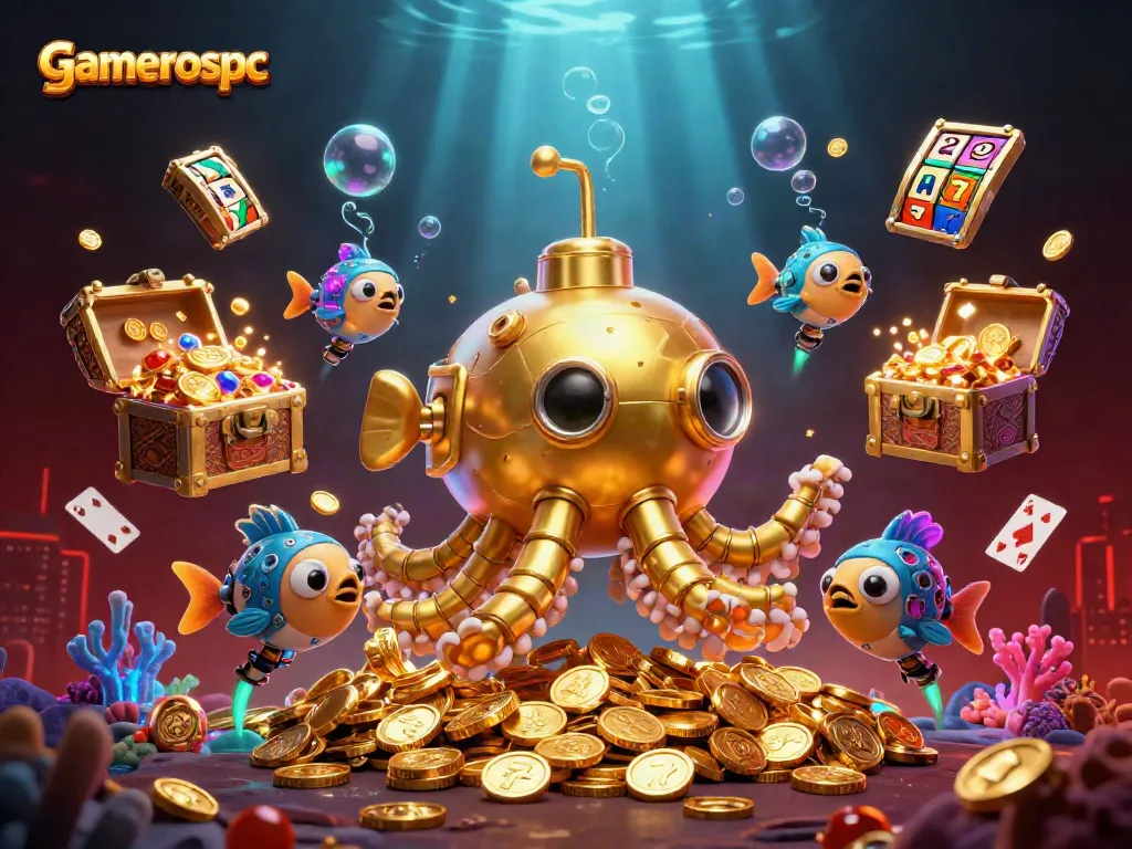 gamerospc showcases a vibrant underwater casino scene with a golden kraken submarine surrounded by slot reels and treasures