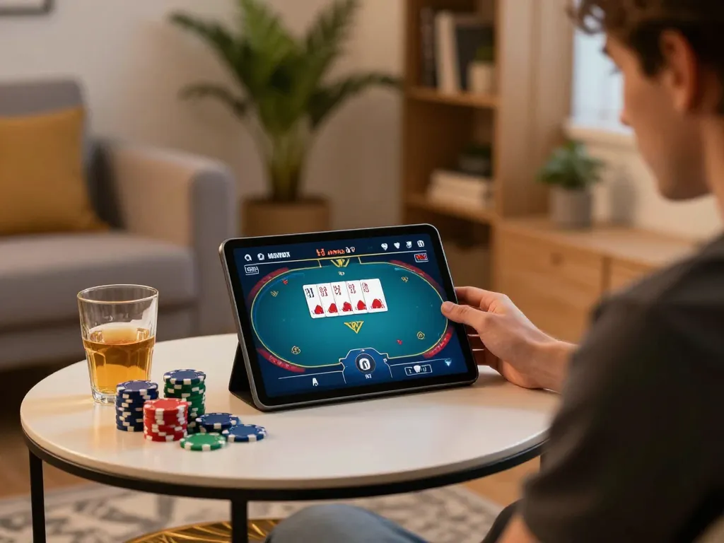 Engaging poker gameplay on tablet screen during online gaming session, featuring SC88 cards and chips.