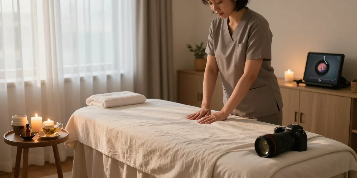 Massage therapist offering 동대문출장안마 in a tranquil home setting with calming elements.