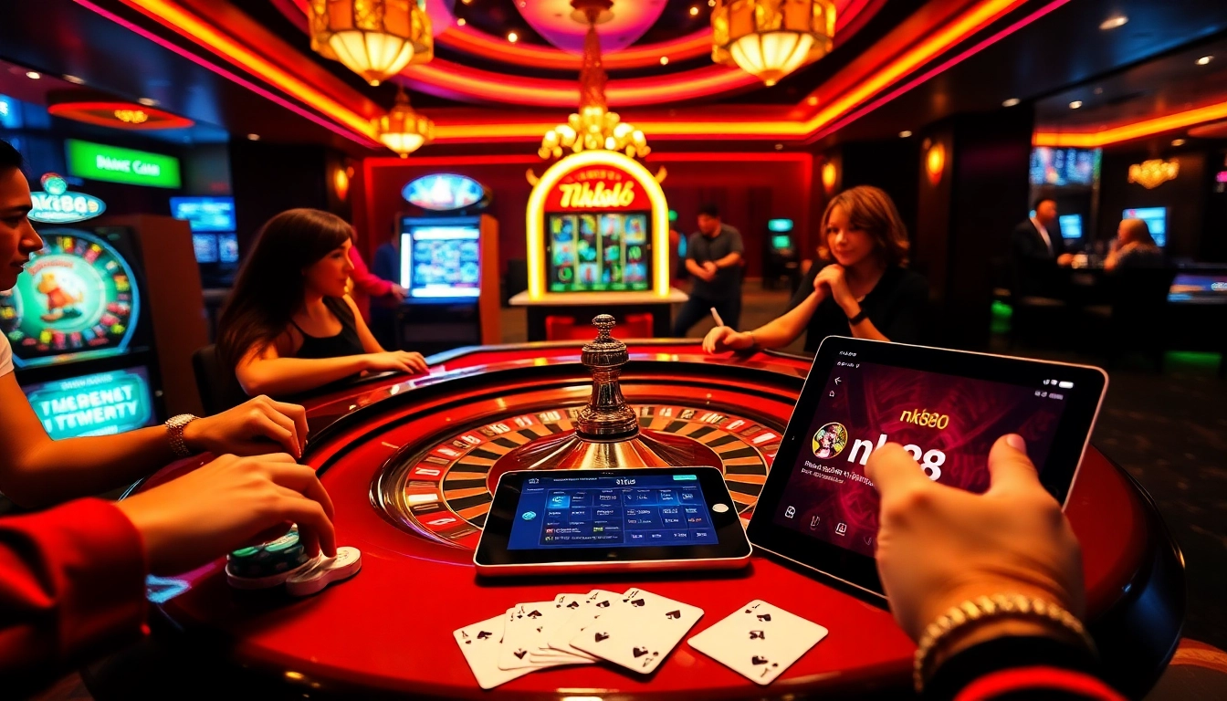 Experience the thrill of nk88 with players engaging energetically at a roulette table in a luxurious casino setting.