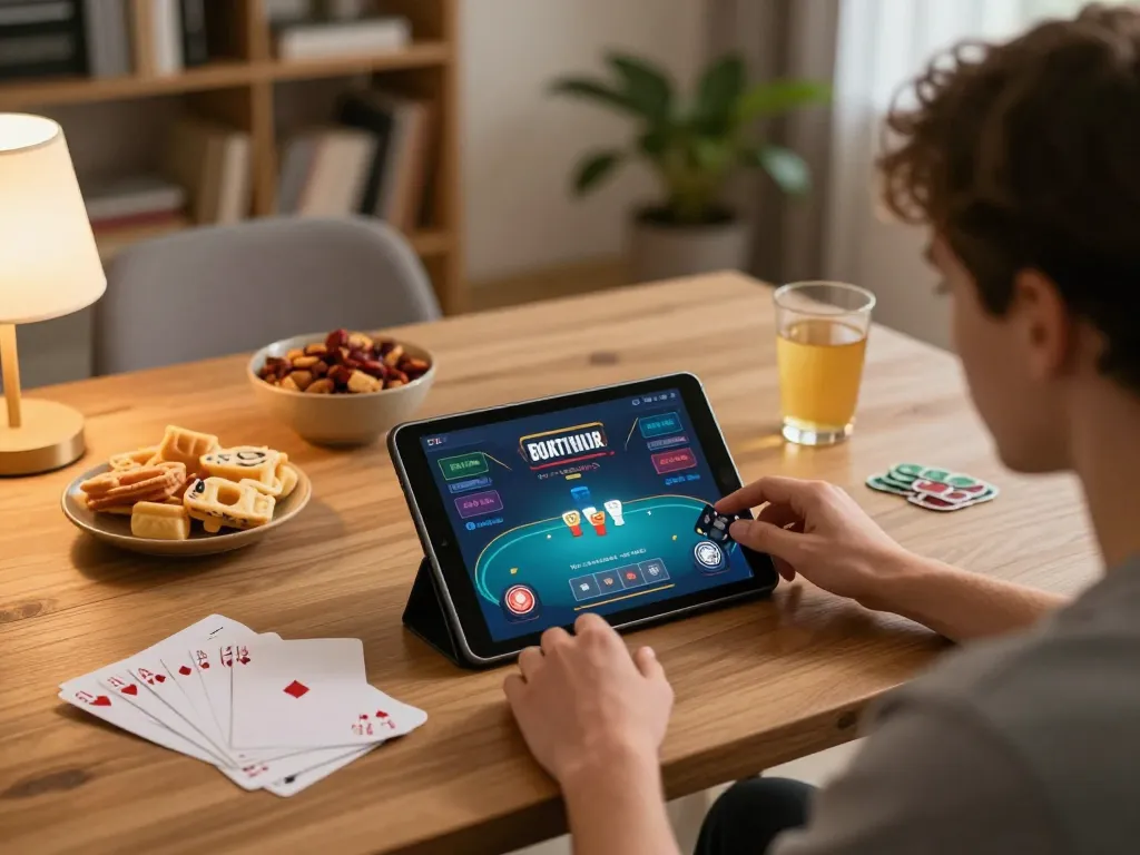 Player enjoying poker on a tablet while exploring 789Club in a cozy home setting.