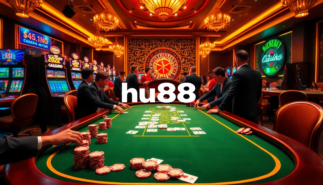 Experience high-stakes gameplay at hu88.za.com with vibrant casino visuals of poker tables and roulette wheels.