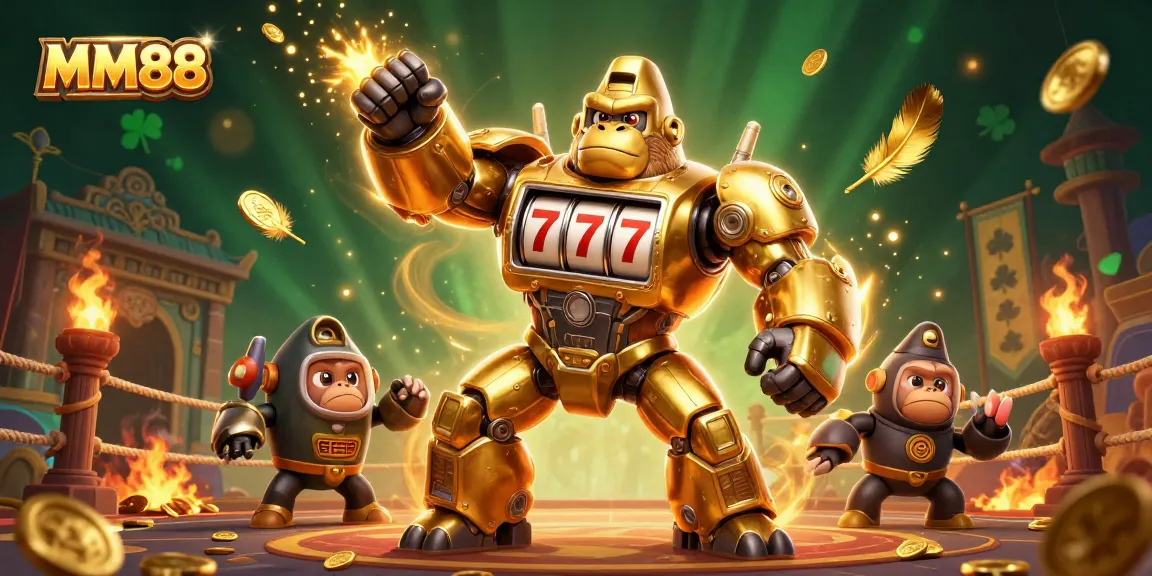 Play exciting games at MM88 with a dynamic illustration featuring a golden mech and casino elements.
