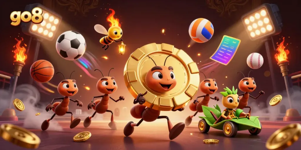 Engage in thrilling action with go8's vibrant poker heist featuring golden chips and dynamic sports elements.