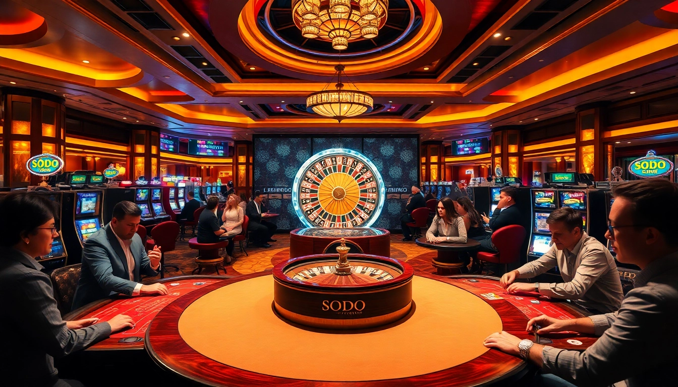 SODO CASINO gaming scene featuring players at poker and slot machines in a luxurious atmosphere