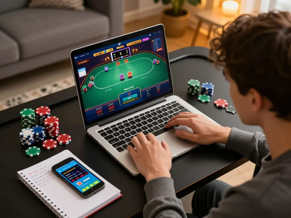 Engaged player at home participating in sun win online poker with a strategic approach, showcasing responsible gambling.