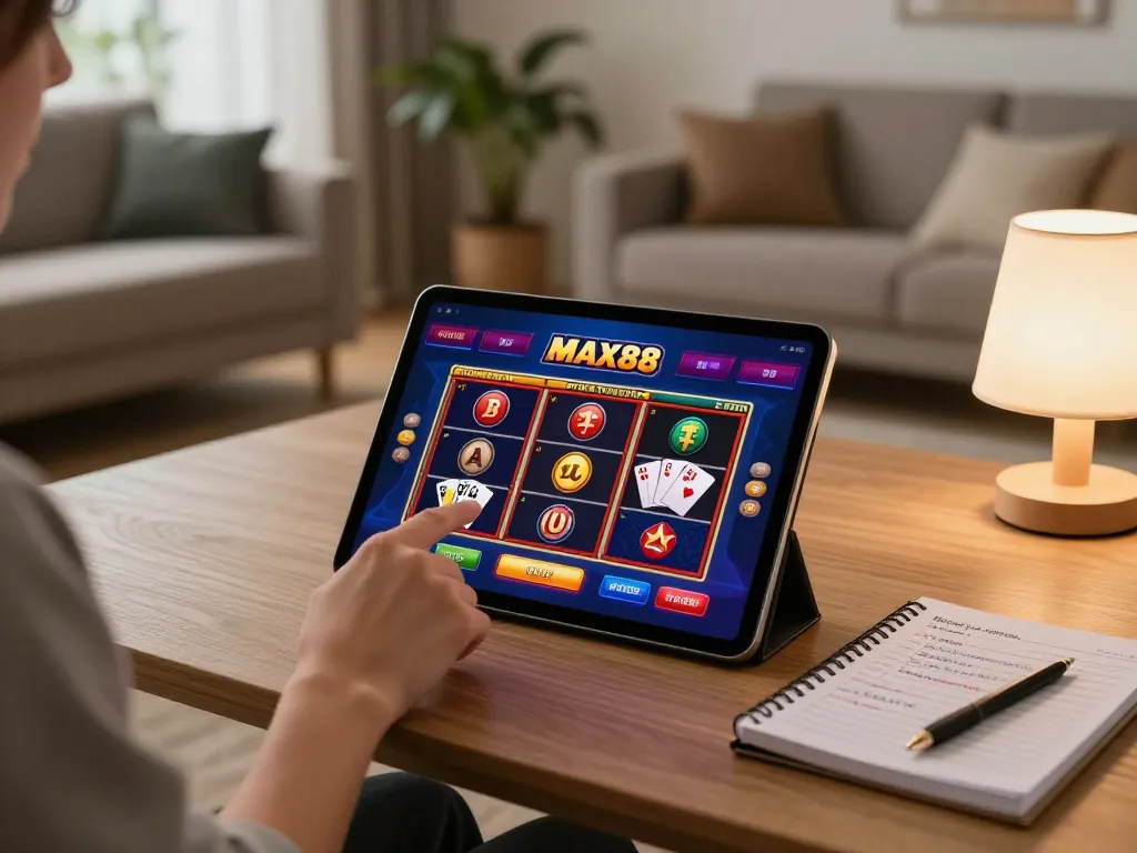 Player enjoying max 88 online casino experience on tablet, showcasing vibrant game interface in cozy home setting.