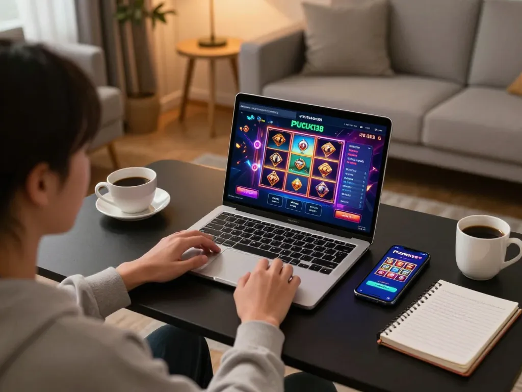 Player engaging with PUCUK138 online slots on laptop and smartphone in a cozy living room.