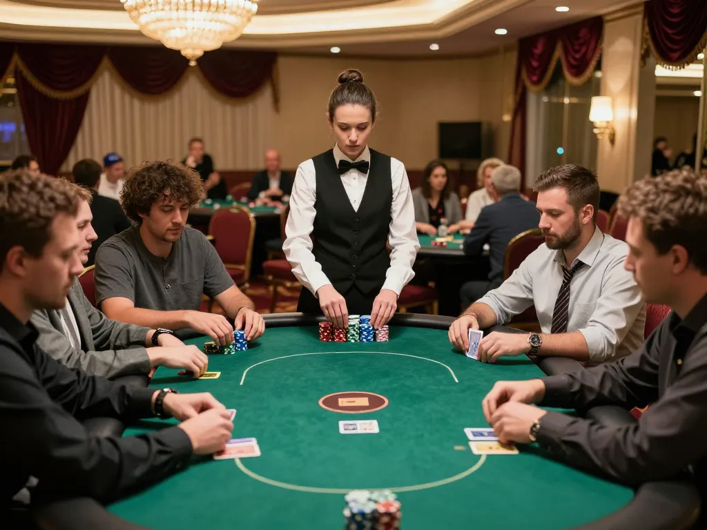 Engaged players at nohu poker game with dealer managing cards and vibrant casino ambiance