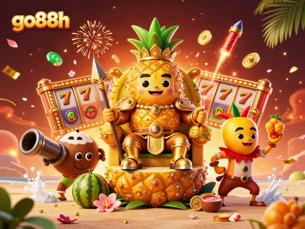 Experience thrilling gameplay with go88h's golden pineapple king on a vibrant casino beach scene.