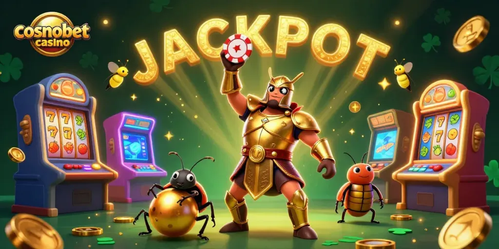 Join the action at cosmobet casino with a vibrant scene featuring a victorious beetle and dynamic casino elements