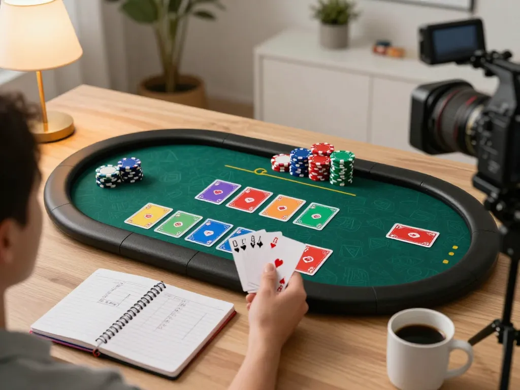 Player enjoying an online poker game at nhà cái lv88 with winning cards on a cozy desk.