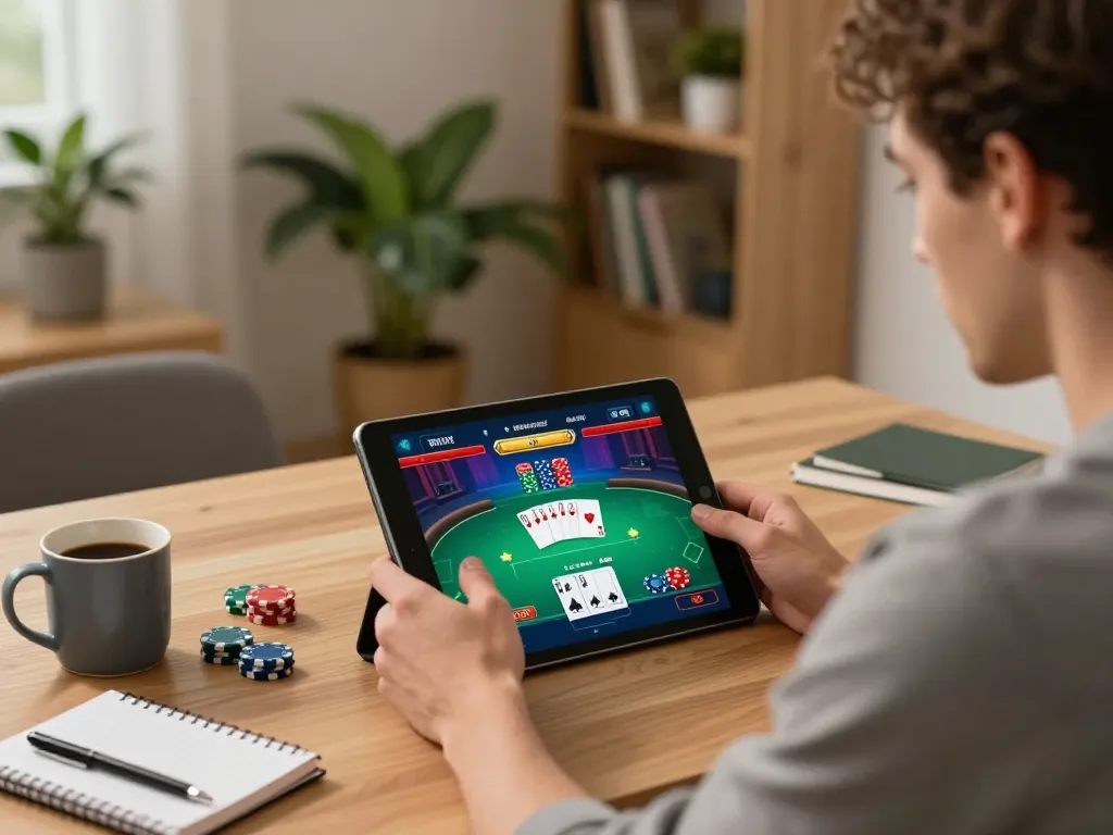 Engaged player on luck8. com enjoying a vibrant poker game on a tablet in a cozy home office.
